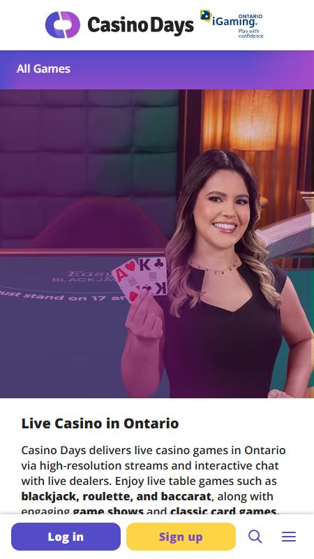 Live casino section on CasinoDays