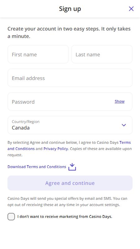 Creating an account on CasinoDays