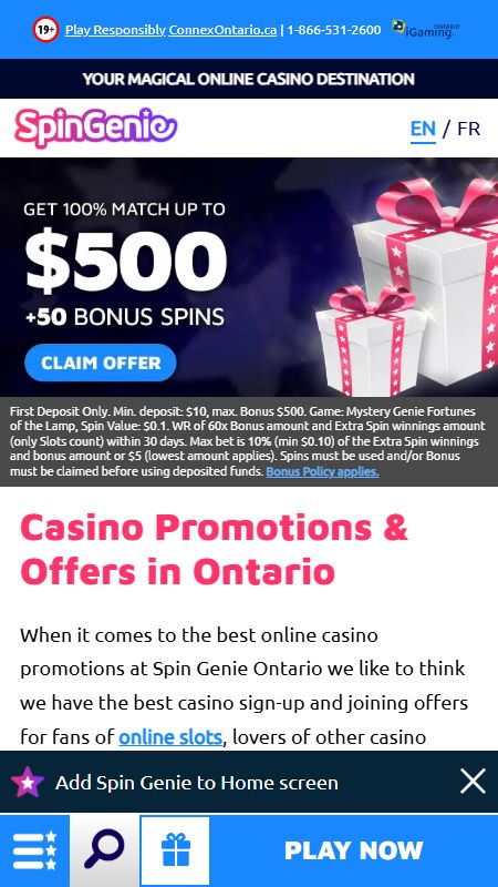 Promotions page on SpinGenie