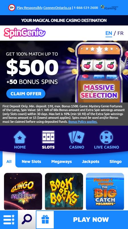 Online casino section on SpinGenie