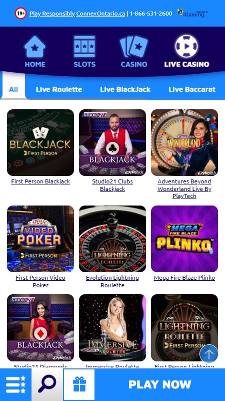 Live casino section on SpinGenie