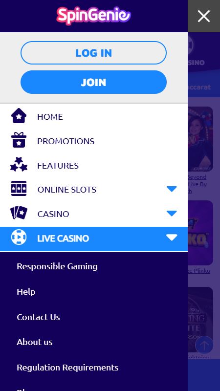 Explore SpinGenie site full menu options